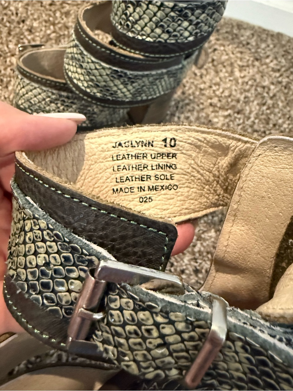 Freebird by Steven Olive Pumps with Snake-Print Straps and Wood Block Heel - Picture 5 of 5